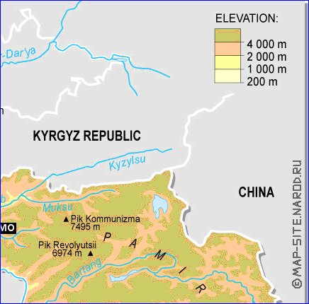 Physique carte de Tadjikistan en anglais