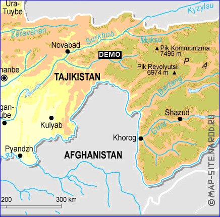 Physique carte de Tadjikistan en anglais