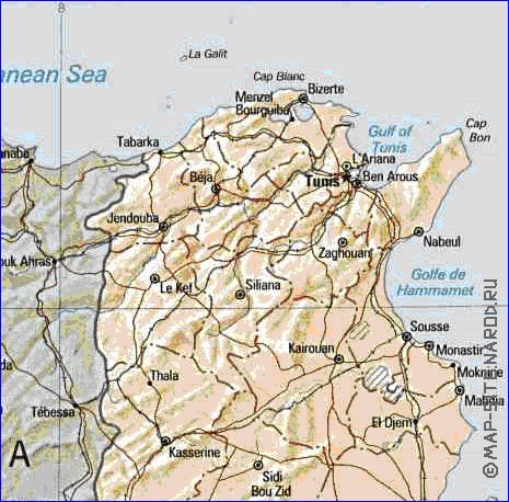Administrativa mapa de Tunisia em ingles